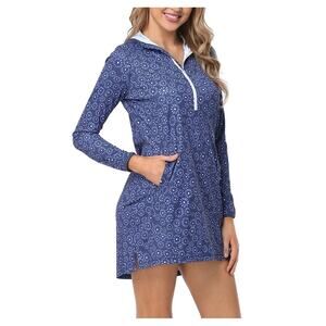 HDE Sz XL Women's Swimwear Cover Up Dress Long Sleeve Tunic Navy Ditsy Floral